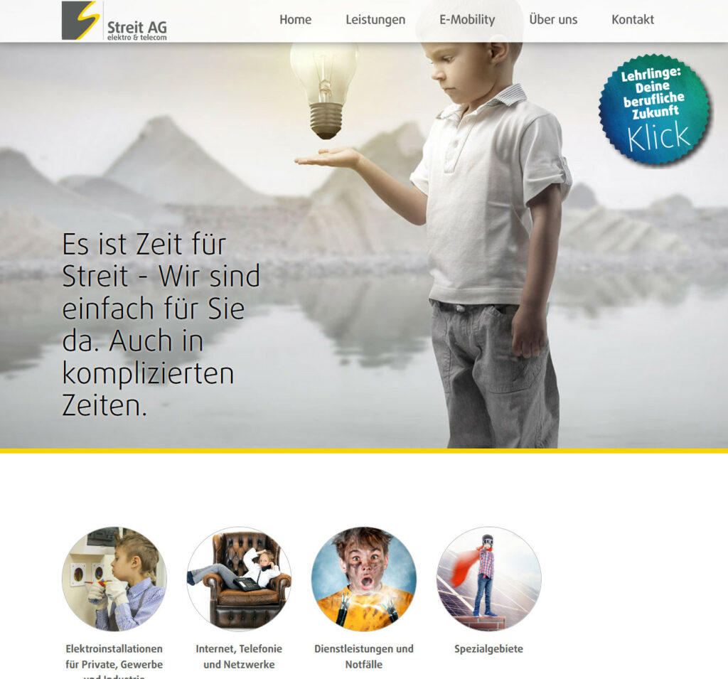 Realisierte Webseite für die Streit AG elektor & telecom in Bülach, Screenshot